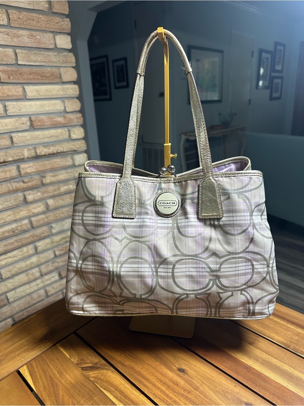 Coach Tartan Plaid Poppy Carryall with Kiss Lock Top